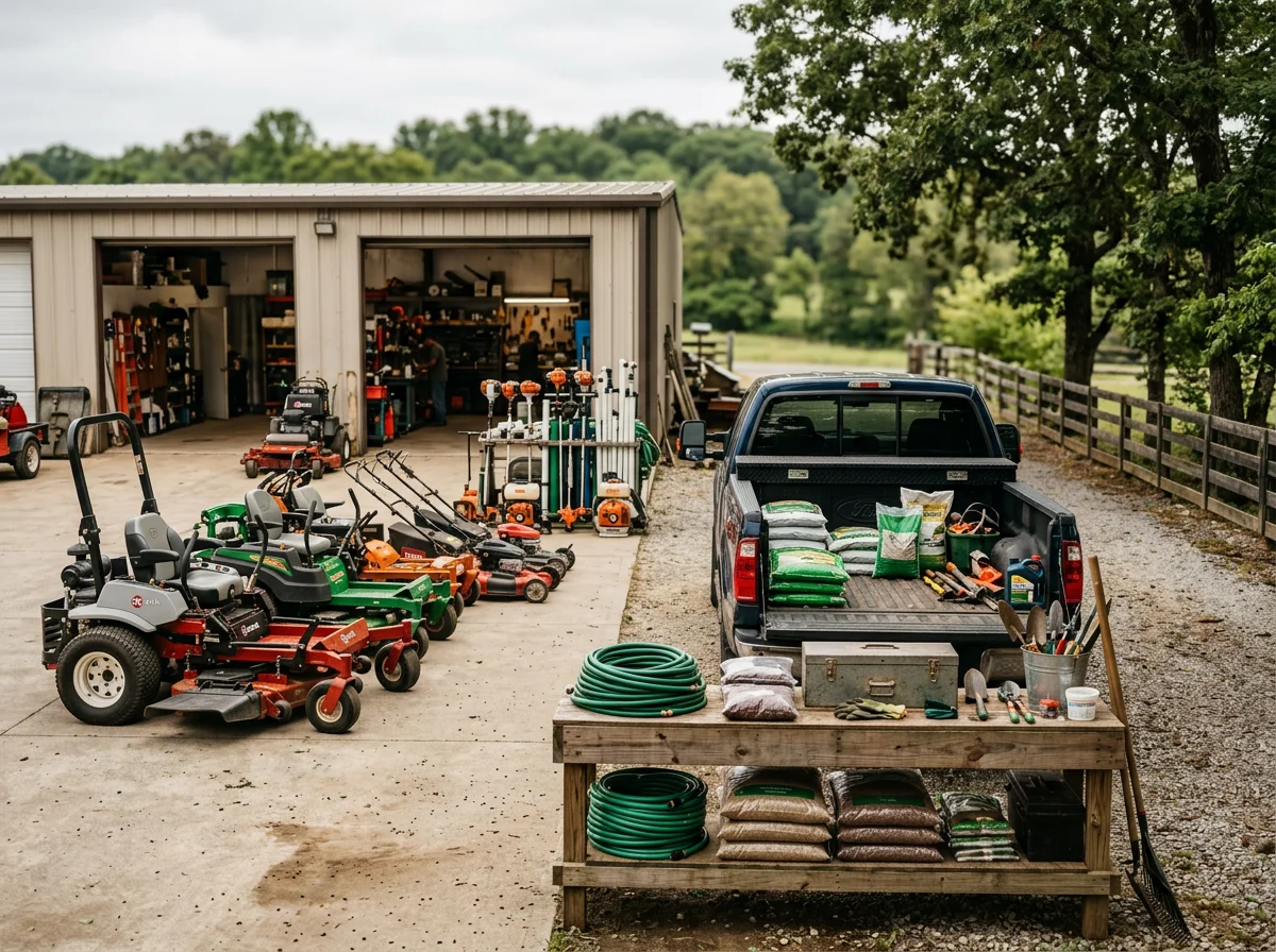 Professional landscaping crew with equipment and tools ready for property maintenance work.