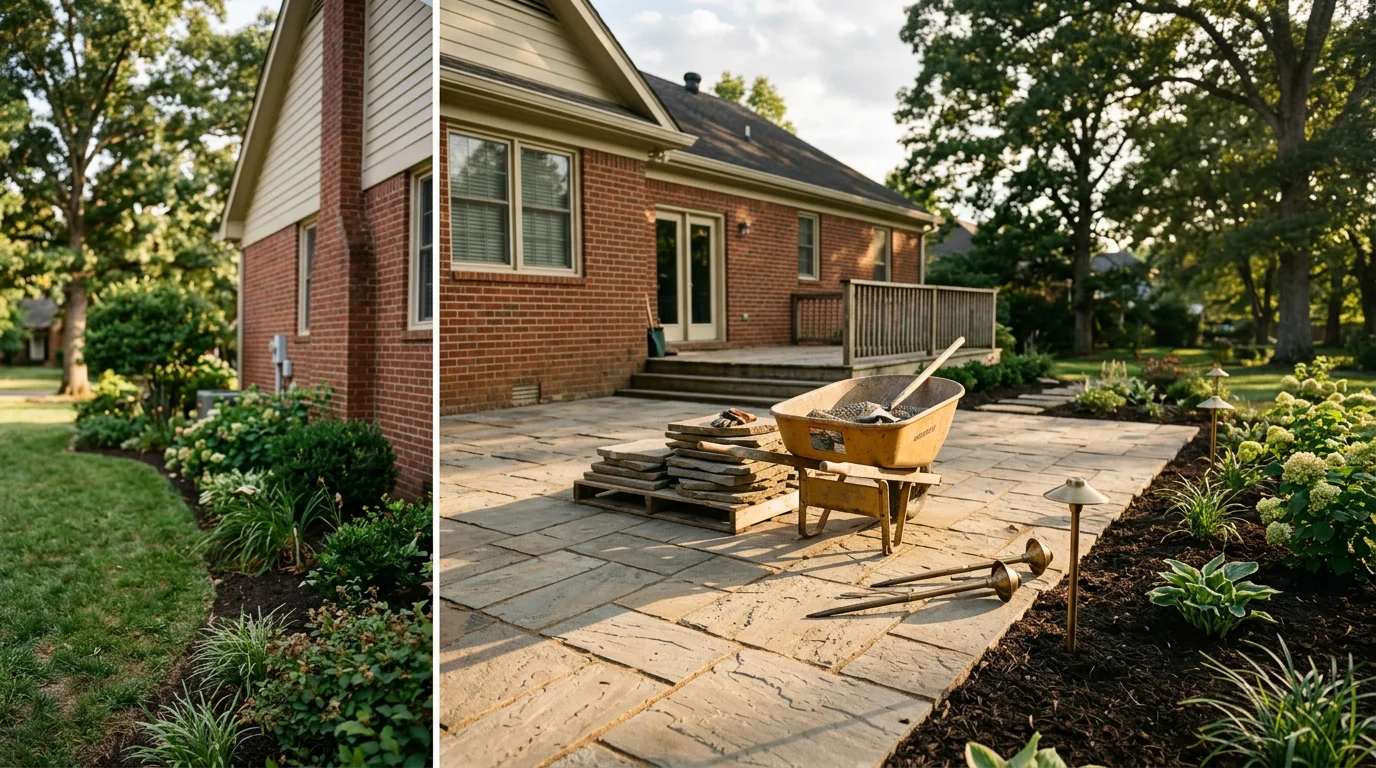 Professional landscape installation with hardscape patio and landscape lighting in Northern Middle Tennessee