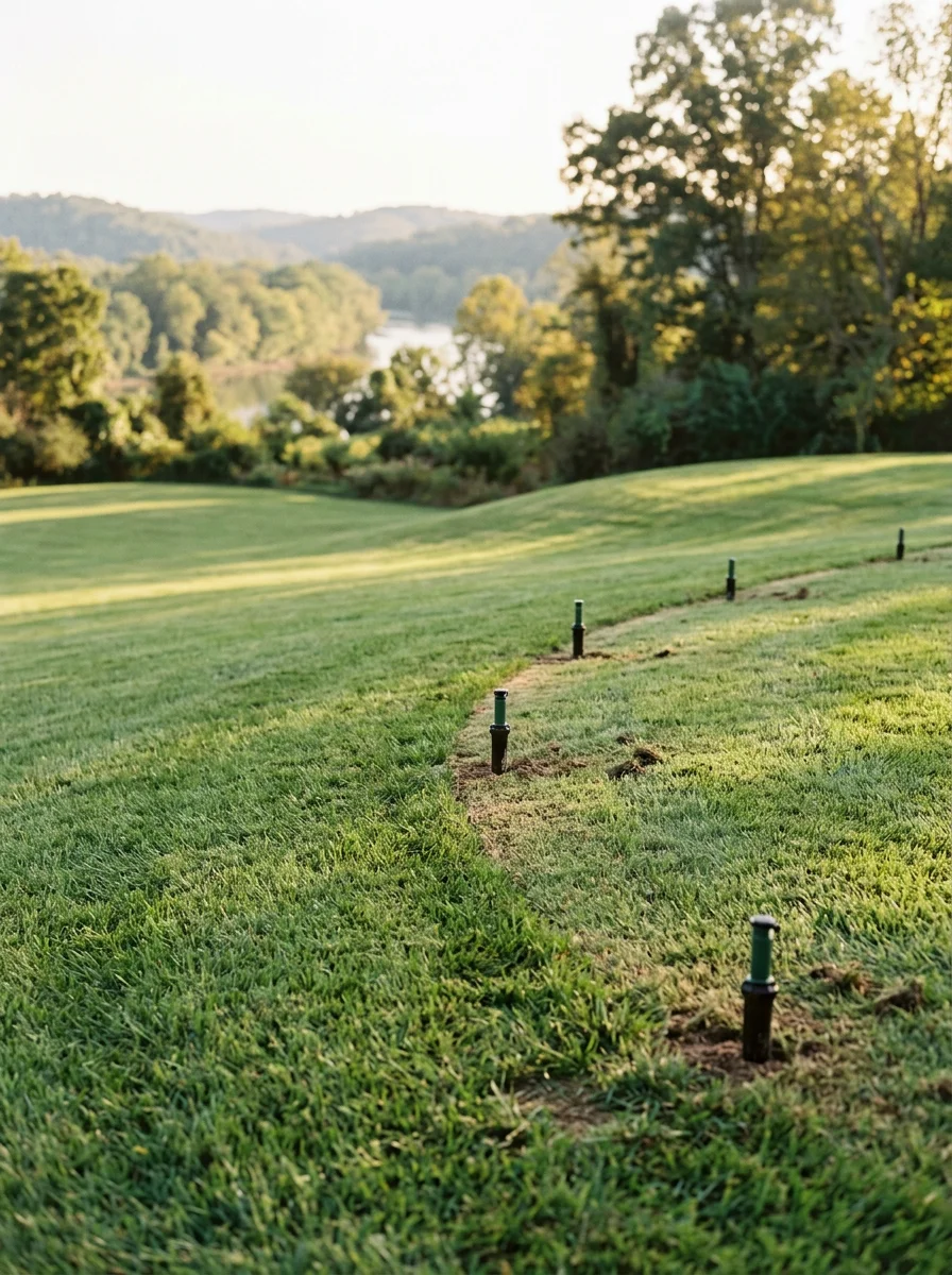 Irrigation system installation on a large Castalian Springs, TN rural lot showing head placement across open turf with the Cumberland River corridor visible in the background.