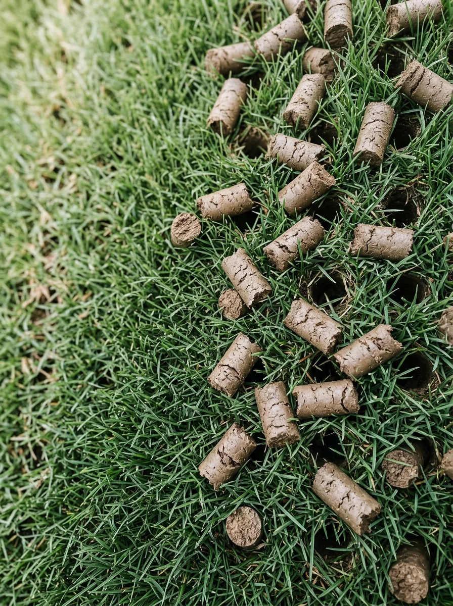 Close-up of a lawn aeration pattern on a Gallatin, TN residential property showing clay soil cores pulled from compacted turf.