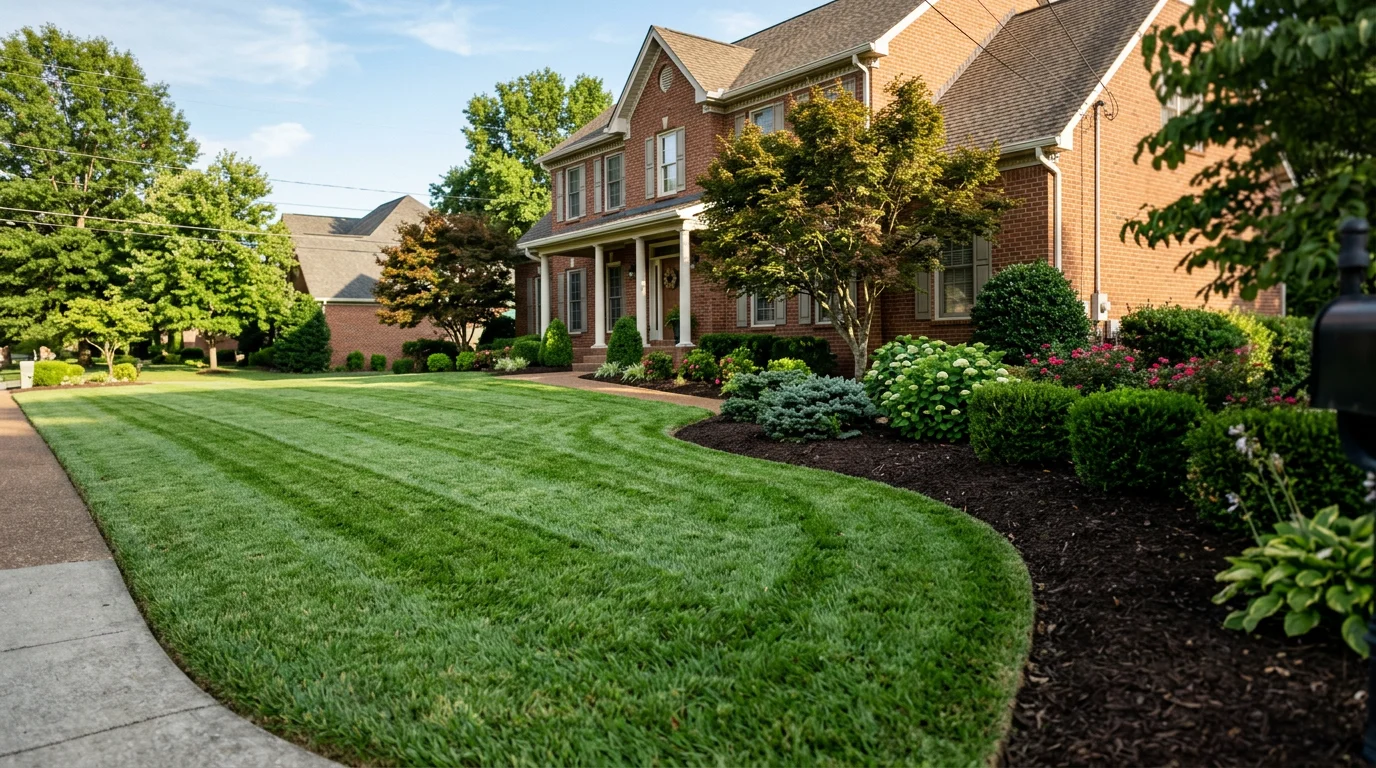 A freshly mowed and edged residential lawn in a Gallatin, TN subdivision with a brick home and established landscape beds in the background.