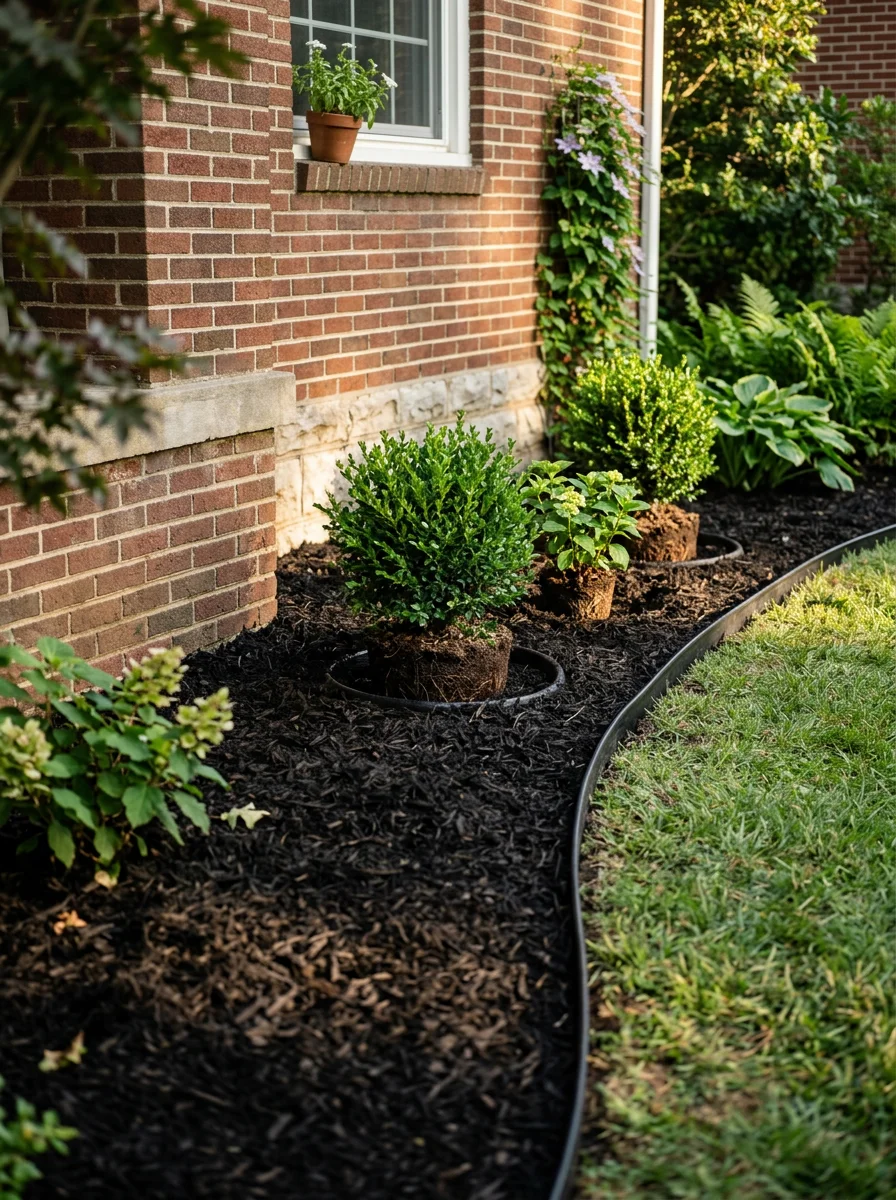 Landscape bed installation in progress at a Goodlettsville, TN property showing fresh mulch, planted shrubs, and defined edging along a home foundation.