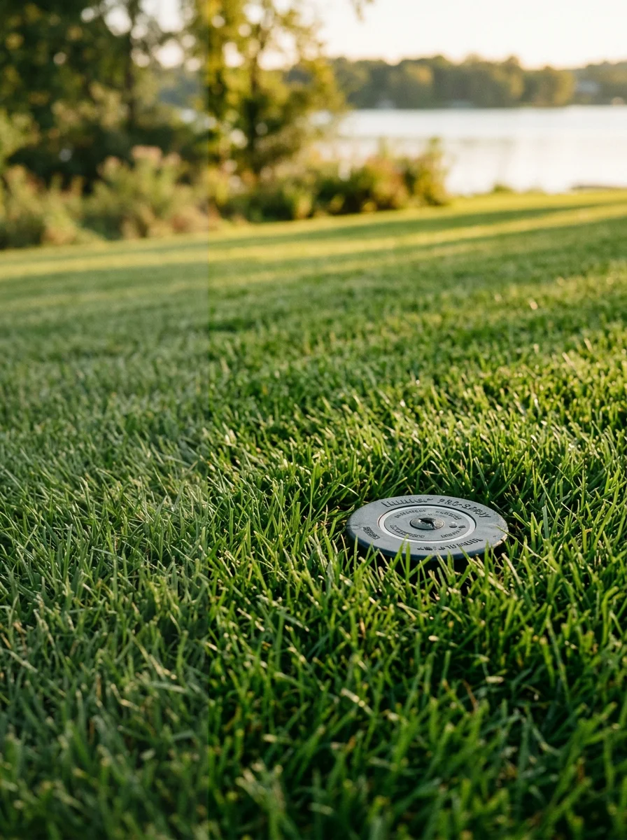 Irrigation system head installed in a Hendersonville, TN lawn near Old Hickory Lake with turf and shoreline vegetation visible in the background.