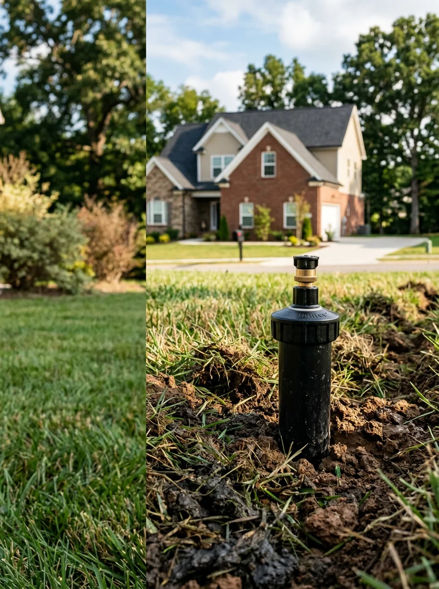 Irrigation system installation in progress at a Lebanon, TN property showing head placement in clay soil with a new subdivision home in the background.