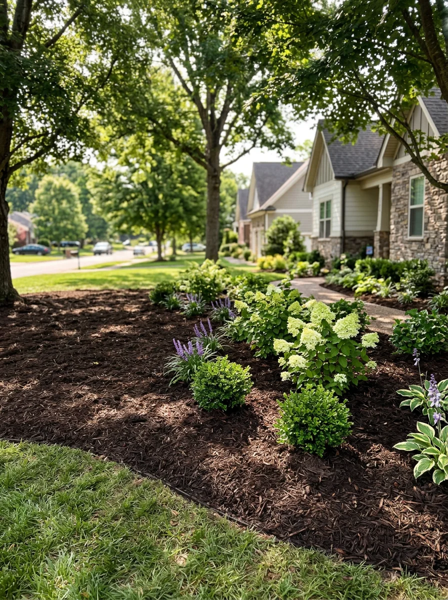 Landscape design installation at a Mt. Juliet, TN property near Percy Priest Lake showing planted beds, mulch, and mature tree canopy in the background.