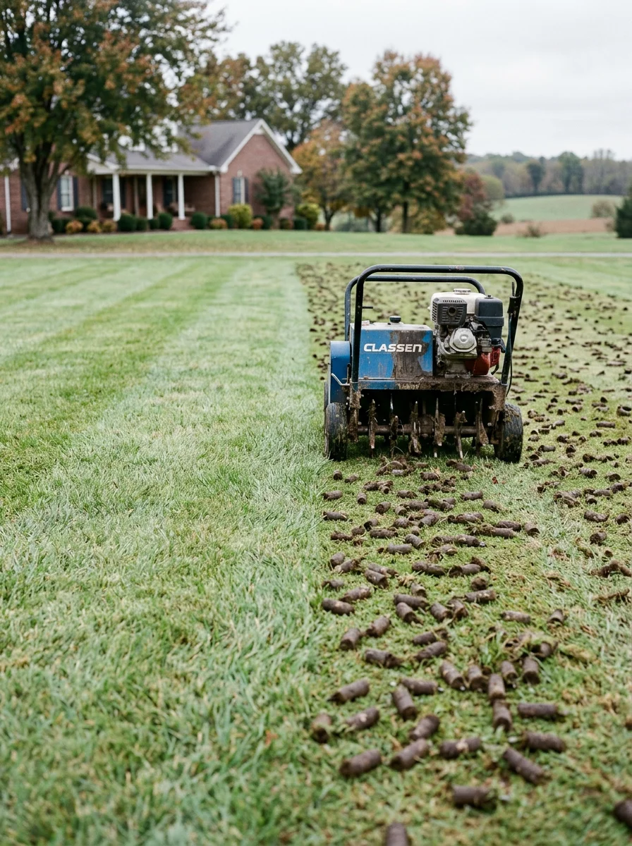 Core aeration in progress on a Portland, TN residential lawn showing clay soil plugs pulled from compacted turf on a larger lot property.