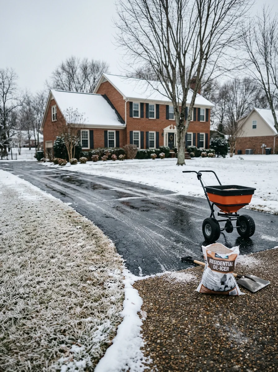 Snow and ice treatment in progress on a White House, TN residential driveway during a winter ice event, with a brick home and dormant lawn visible.