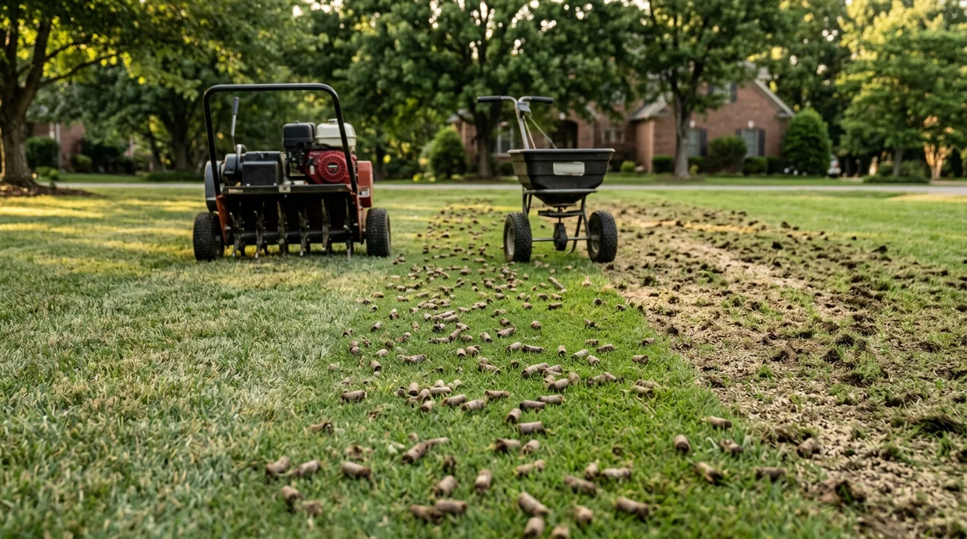 A Gallatin, TN lawn after core aeration and overseeding, showing soil plugs on the surface and fresh grass seed spread across a thin, recovering fescue yard. The lawn borders a residential property in Middle Tennessee with clay soil typical of the Sumner County area.