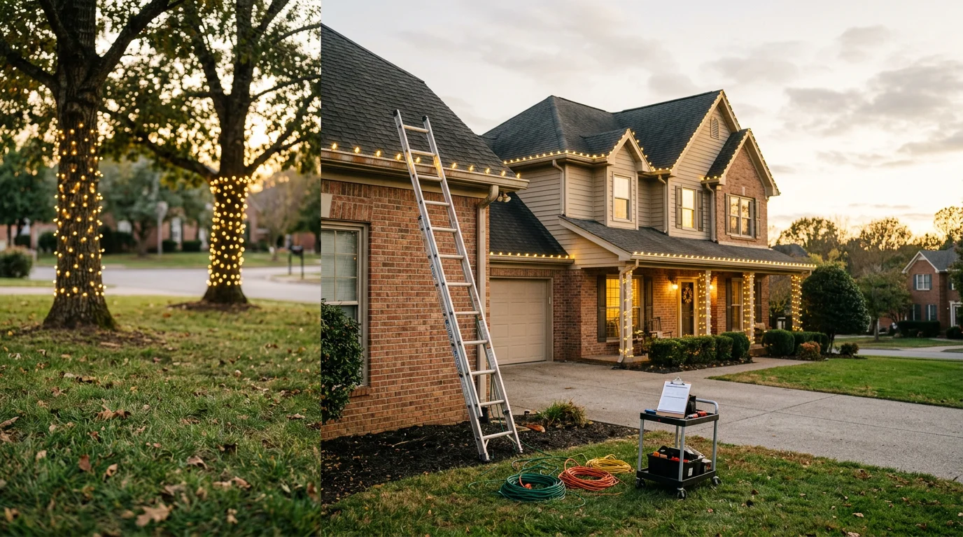 A Gallatin, TN home with professional Christmas lights installed along the roofline, porch, and front yard trees, glowing against a clear winter evening sky. The display covers the full front elevation of a single-story residential property in Sumner County.