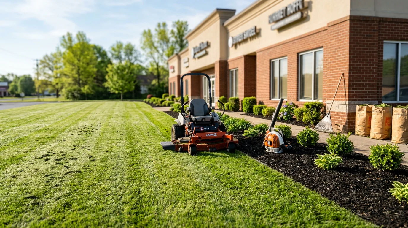 A neatly edged and mowed commercial property lawn in Gallatin, TN with clean turf lines along a business parking area. The grounds are free of debris with trimmed bed edges visible along the building front.