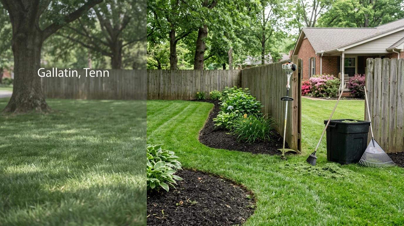 A neatly mowed and edged residential lawn in Gallatin, TN with trimmed shrubs and clean ground beds. The property exterior shows well-maintained turf and defined borders typical of recurring grounds maintenance service.