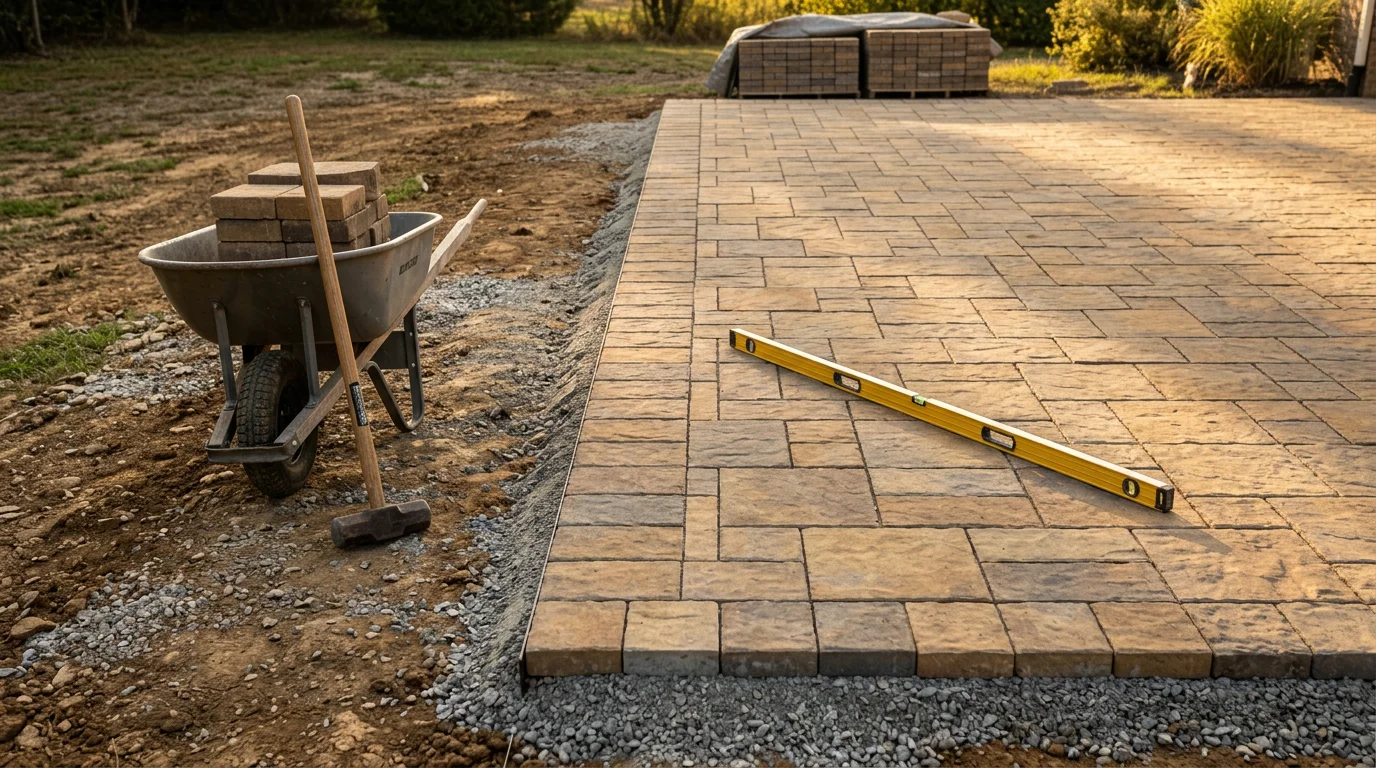 A completed hardscape patio installation in a residential backyard in Gallatin, TN, showing a level stone surface with clean edges and surrounding lawn. The patio connects to the home's rear entry and is sized for outdoor seating and entertaining.