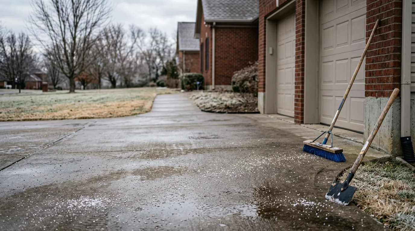 A cleared residential driveway and front walkway in Gallatin, Tennessee after an ice removal service, with surrounding surfaces still coated in winter ice. A property entrance with steps and a path fully cleared of ice following a Middle Tennessee freezing rain event.