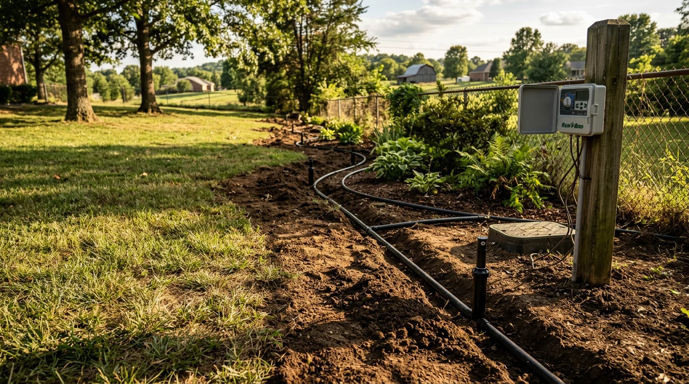 Freshly installed in-ground irrigation system with visible sprinkler heads set flush in a green residential lawn in Gallatin, TN. Sprinkler heads are spaced across a wide turf area with a garden bed visible along the property edge.