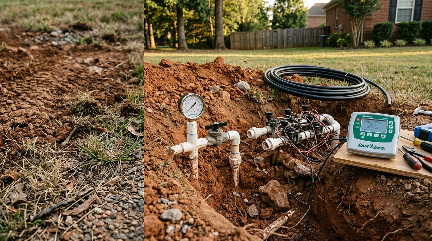 A repaired irrigation system sprinkler head delivering even water coverage across a green residential lawn in Gallatin, TN. A technician inspects the zone line connection near the turf surface on a sunny Middle Tennessee day.