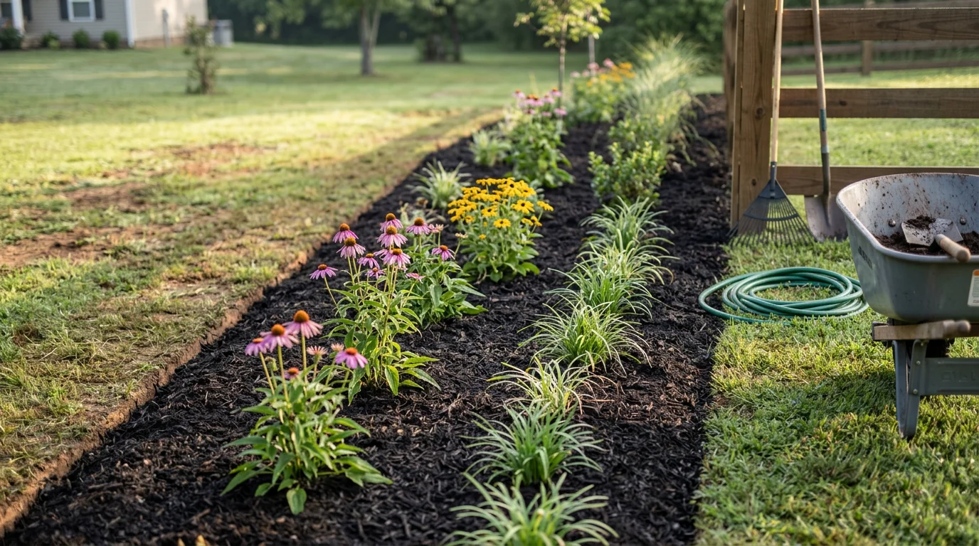 A freshly installed residential landscape in Gallatin, TN featuring defined planting beds, layered shrubs, and clean mulched borders along the front of a single-family home. The yard shows graded soil and newly planted greenery suited to the Middle Tennessee climate.