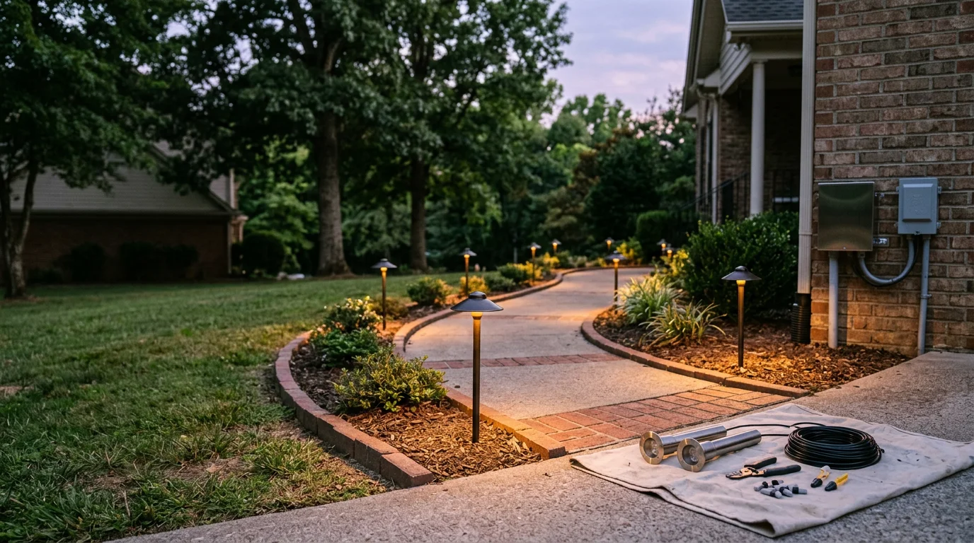 Landscape lighting installed along a residential walkway and garden beds at a home in Gallatin, TN, with low-voltage path lights and tree uplighting visible after dark.