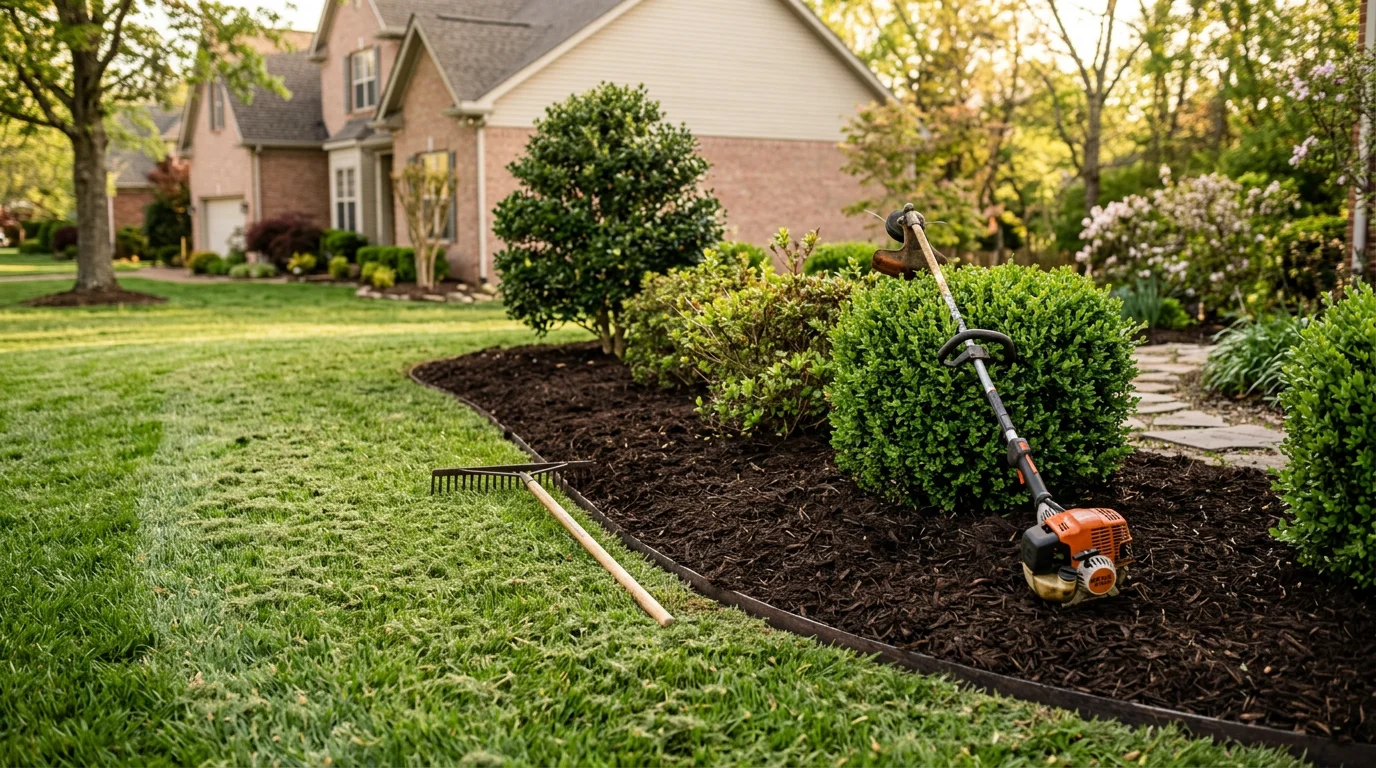 A neatly edged and mowed residential lawn in Gallatin, TN with trimmed shrubs and clean mulched planting beds along the front of the home. The property reflects routine landscape maintenance work performed by All American Property Solutions, LLC.