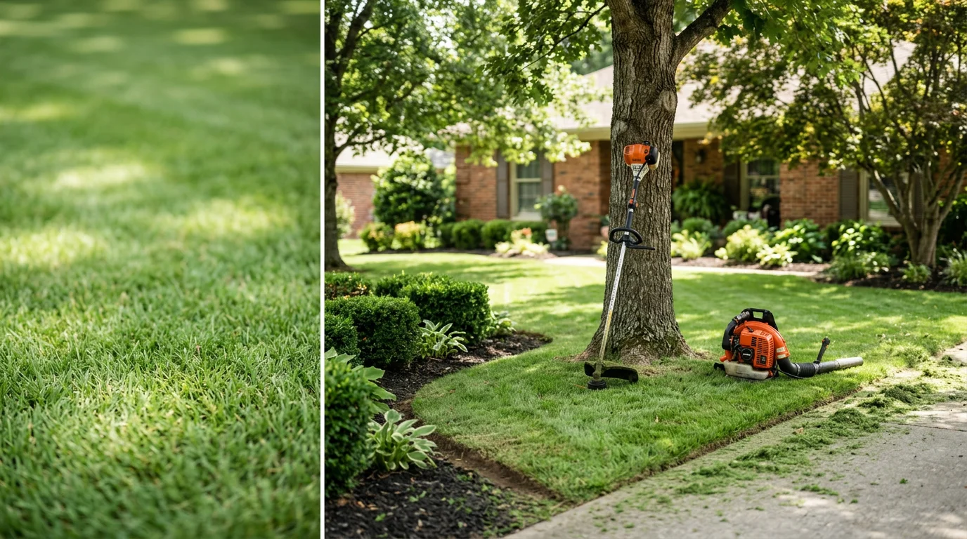 A neatly maintained residential lawn in Gallatin, TN with clean-cut edges along a concrete walkway and trimmed grass along a fence line. A property solutions crew member finishes blowing clippings from the driveway after a full lawn maintenance visit.