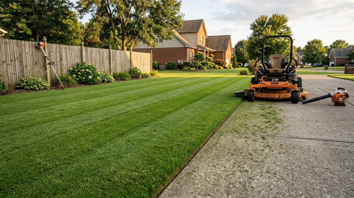 A freshly mowed residential lawn in Gallatin, TN with clean mowing lines, trimmed edges along the driveway, and clippings cleared from the sidewalk. The grass is evenly cut with no clumping or missed patches visible.