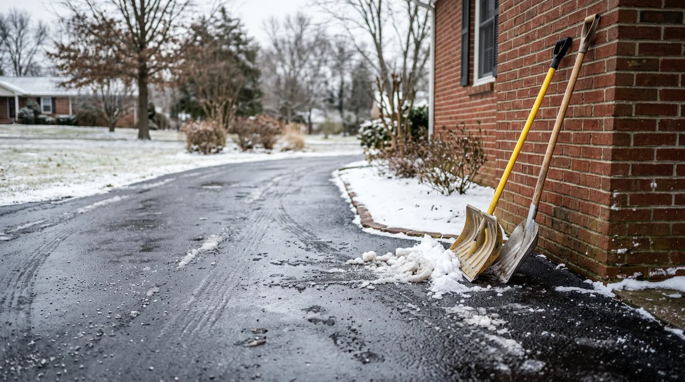 A cleared residential driveway and front walkway after a snow event in Gallatin, Tennessee, with snow pushed to the sides and a clean path leading to the front door. The surrounding lawn and landscaping remain snow-covered, showing the contrast between the cleared surfaces and the untouched yard.