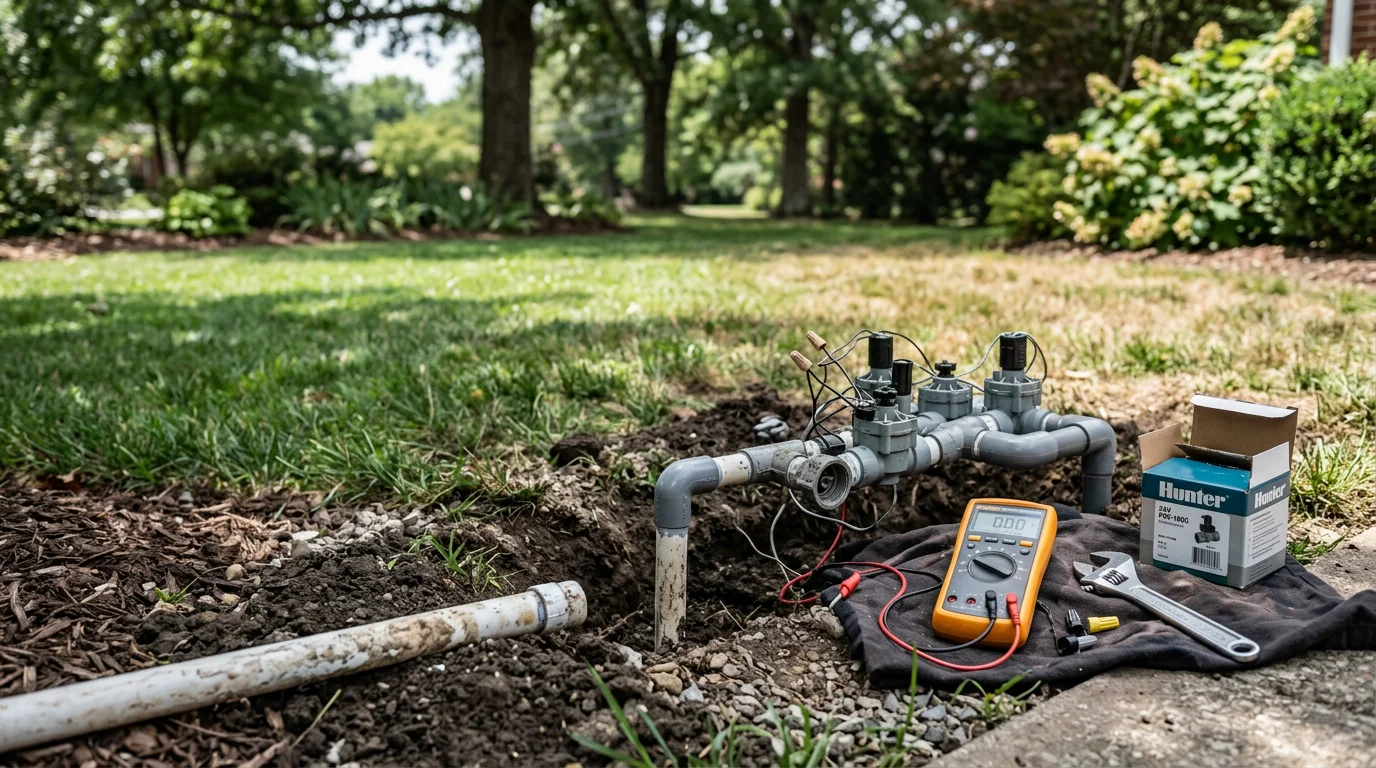 A repaired sprinkler head spraying an even arc of water across a green residential lawn in Gallatin, TN. A technician kneels nearby checking zone coverage on a sunny Middle Tennessee afternoon.