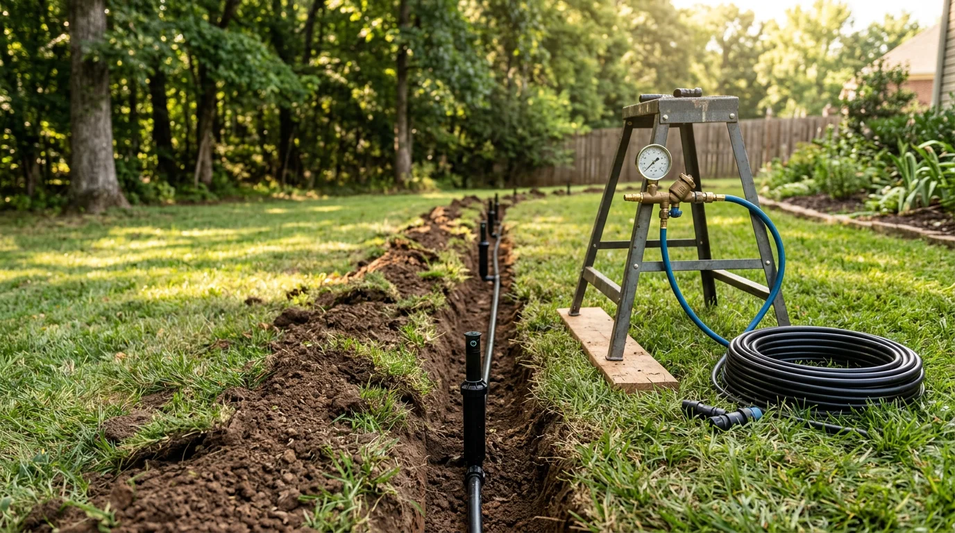 A freshly installed in-ground sprinkler system running across a green residential lawn in Gallatin, Tennessee. Sprinkler heads are spaced across a front yard zone with a suburban home visible in the background.
