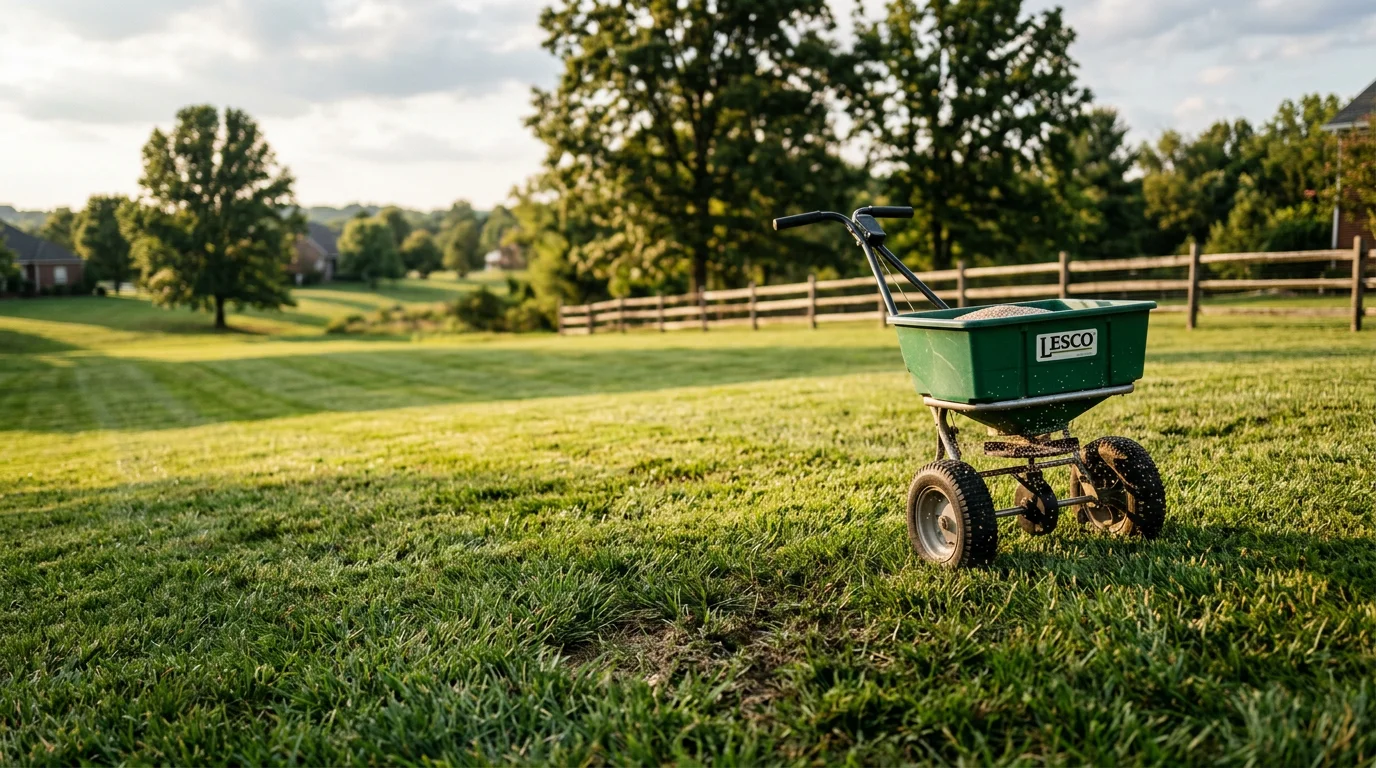 A healthy, green residential lawn in Gallatin, Tennessee showing dense turf with no visible weeds or bare spots. A lawn care professional from All American Property Solutions applies turf treatment to the grass in a suburban yard.